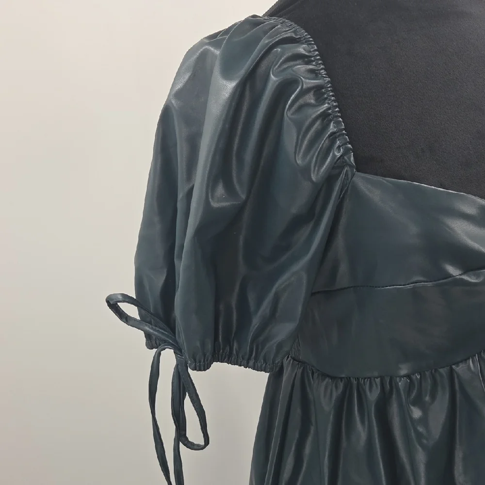 Chic Dark Green Faux Leather Puff Sleeve Mini Dress - Picture 8 of 16